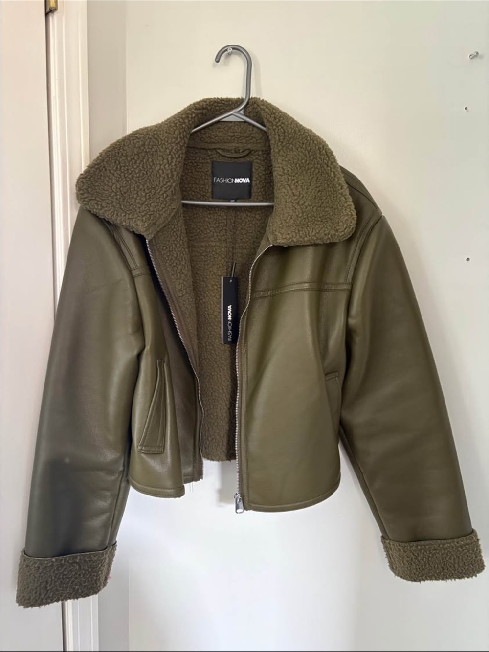 Fashion Nova Olive Green Faux Leather Teddy Sherpa Jacket